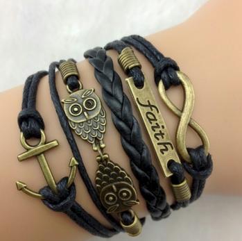 Bracelet Handmade Infinity Black Cord Owl Anchor Antique Brass Faith.jpg