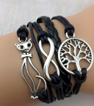 Bracelet Handmade Infinity Black Cord Tree Of Life With Cat Silver.jpg