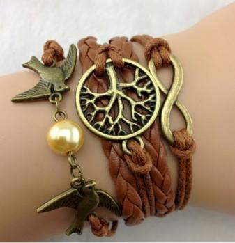 Bracelet Handmade Infinity Brown Cord Tree Of Life With Birds Antique Brass Pearl.jpg