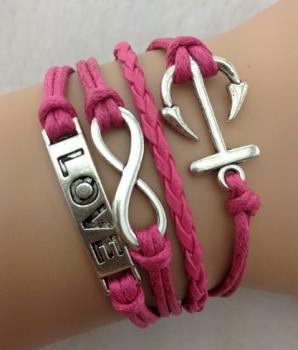 Bracelet Handmade Infinity Hot Pink Cord With Love Anchor Silver.jpg