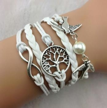 Bracelet Handmade Infinity White Cord Tree Of Life With Bird Pearl Silver.jpg