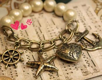 Bracelet Vintage Charm Brass Anchors HeartsStar Ship Wheel and Pearls.jpg