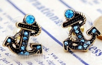 Earrings - Teal Blue Gem Anchors Antique Brass Stud.jpg